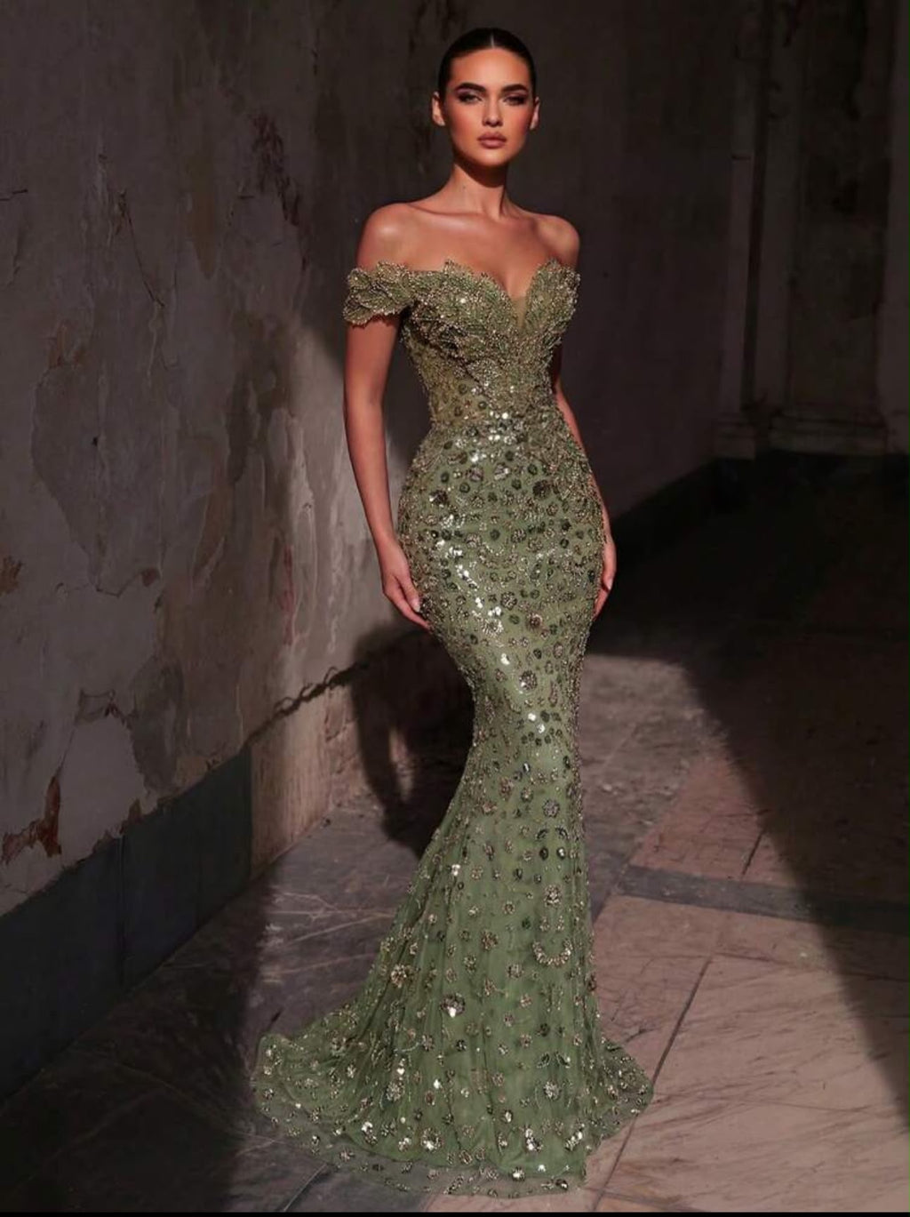 Sequin Floral Off-Shoulder Mermaid Dress,Heavily