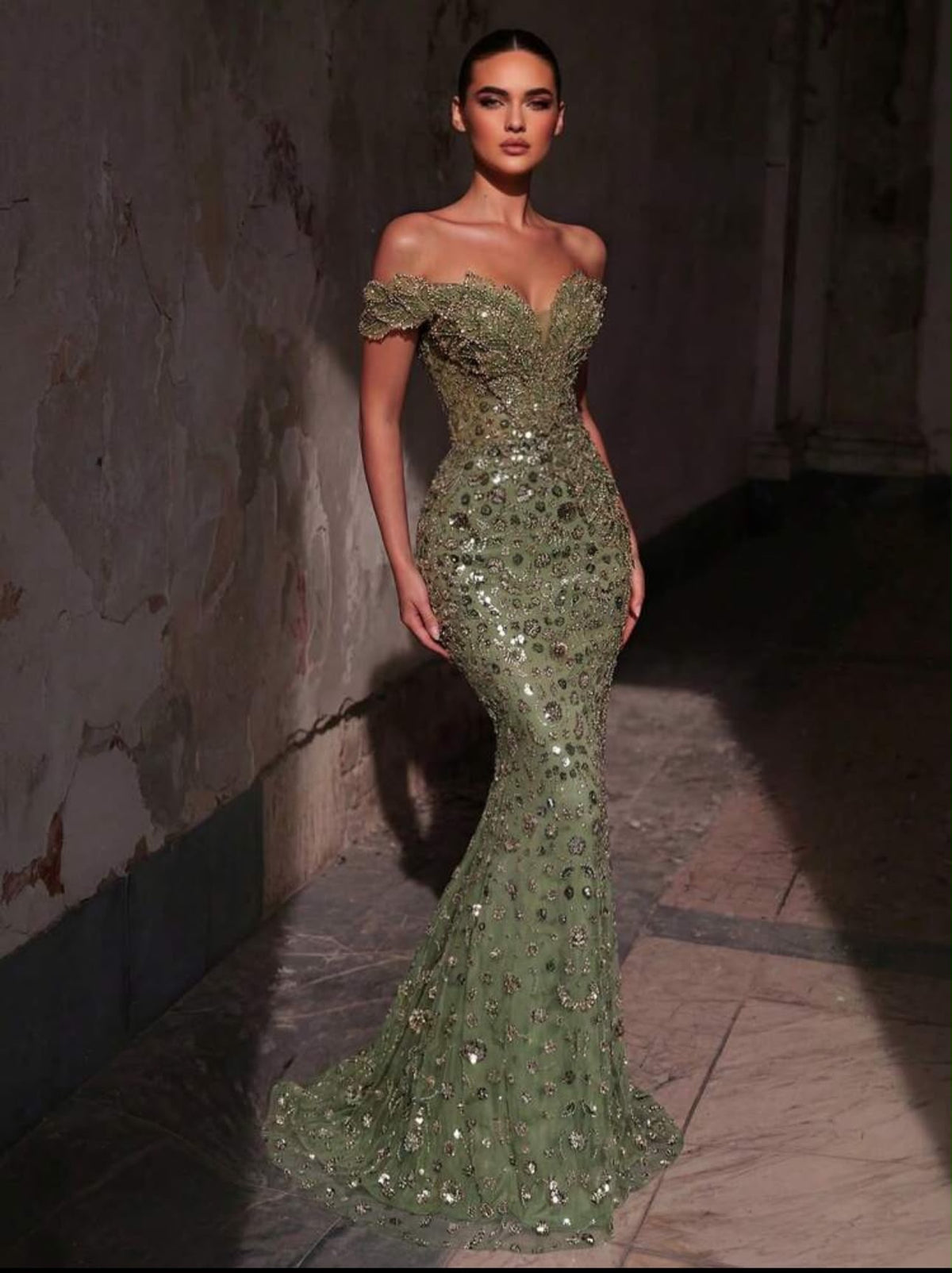 Sequin Floral Off-Shoulder Mermaid Dress,Heavily