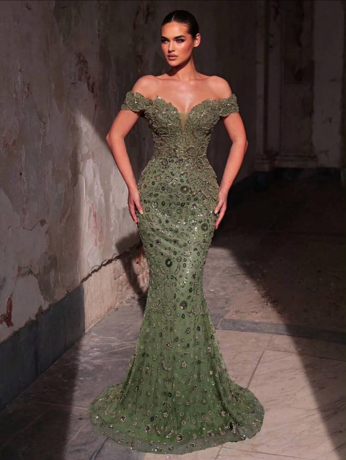 Sequin Floral Off-Shoulder Mermaid Dress,Heavily