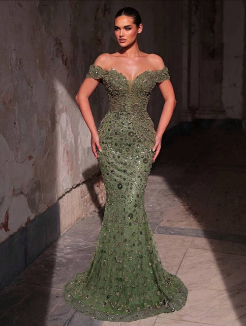 Sequin Floral Off-Shoulder Mermaid Dress,Heavily